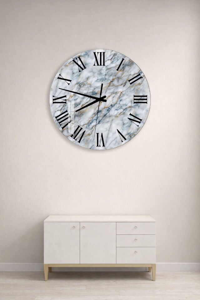 KIRILMAZ CAM DUVAR SAATİ, HEM TABLO HEM SAAT GRİ MERMER ALTIN ÇATLAK ROMEN RAKAM EV OFİS HEDİYESİ