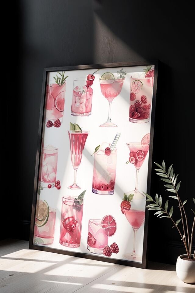 SİYAH - Şampanya Bardak Deseni Trendy Maksimalist Sanatı Ahşap Çerçeveli Duvar Tablosu