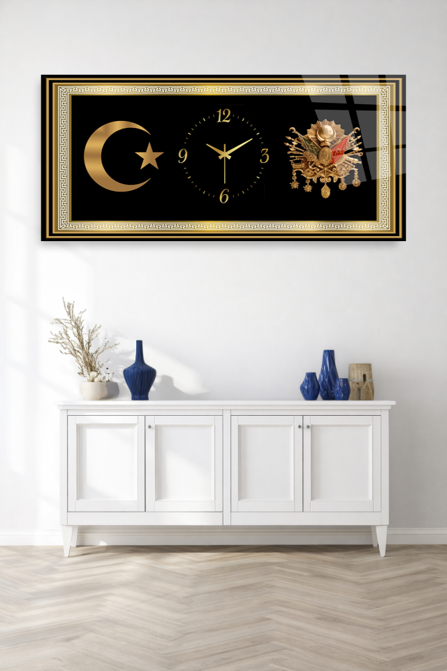 KIRILMAZ CAM DUVAR SAATİ , HEM TABLO HEM SAAT ALTIN ÇERÇEVELİ AY YILDIZ EV OFİS HEDİYESİ