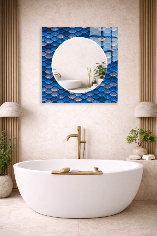 HEM TABLO HEM AYNA MAVİ PUL DOKULU 3D DESEN CAM DUVAR AYNASI EV DEKORU