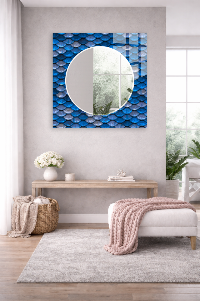 HEM TABLO HEM AYNA MAVİ PUL DOKULU 3D DESEN CAM DUVAR AYNASI EV DEKORU