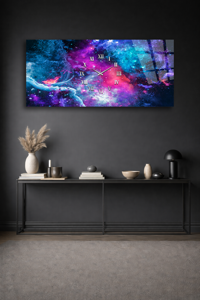 KIRILMAZ CAM DUVAR SAATİ , HEM TABLO HEM SAAT GALAKSİ NEBULA UZAY TASARIM EV OFİS HEDİYESİ