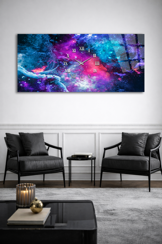 KIRILMAZ CAM DUVAR SAATİ , HEM TABLO HEM SAAT GALAKSİ NEBULA UZAY TASARIM EV OFİS HEDİYESİ