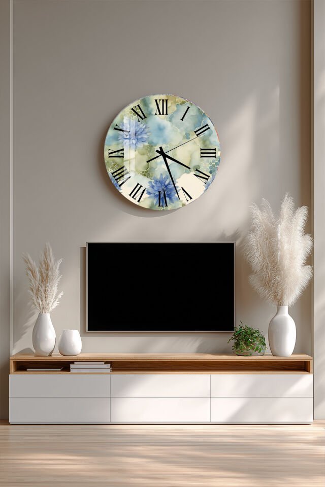 KIRILMAZ CAM DUVAR SAATİ, HEM TABLO HEM SAAT MAVİ YEŞİL ÇİÇEKLİ BOHO DESEN EV OFİS HEDİYESİ