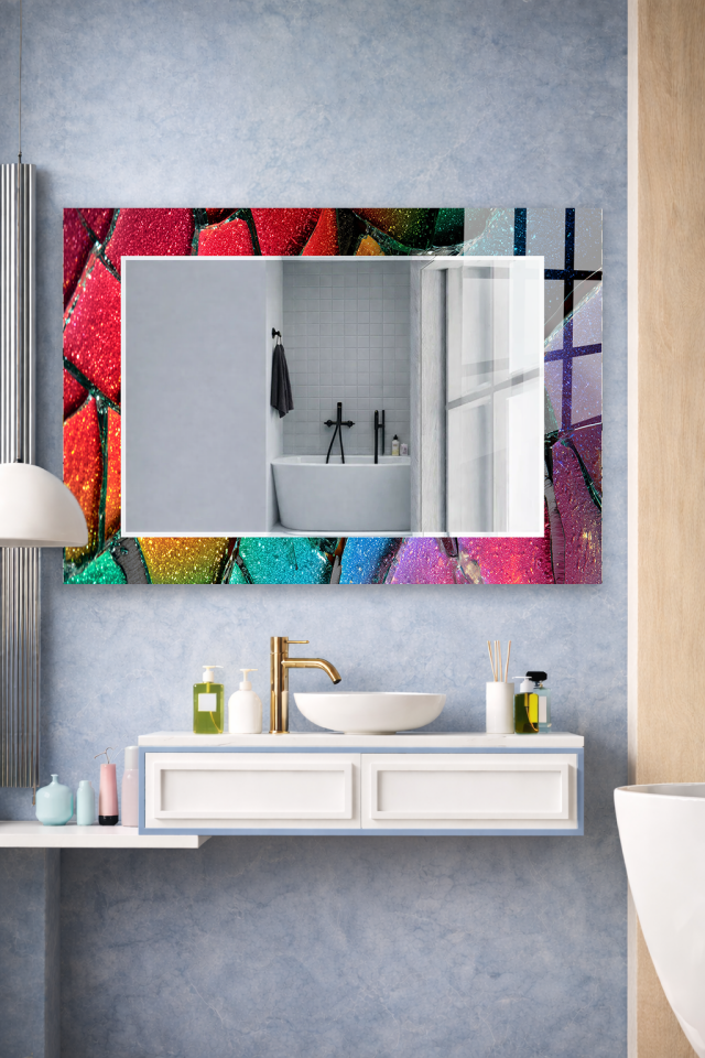 HEM TABLO HEM AYNA RENKLİ KRİSTAL PARLAK SOYUT CAM DUVAR AYNASI EV DEKORU