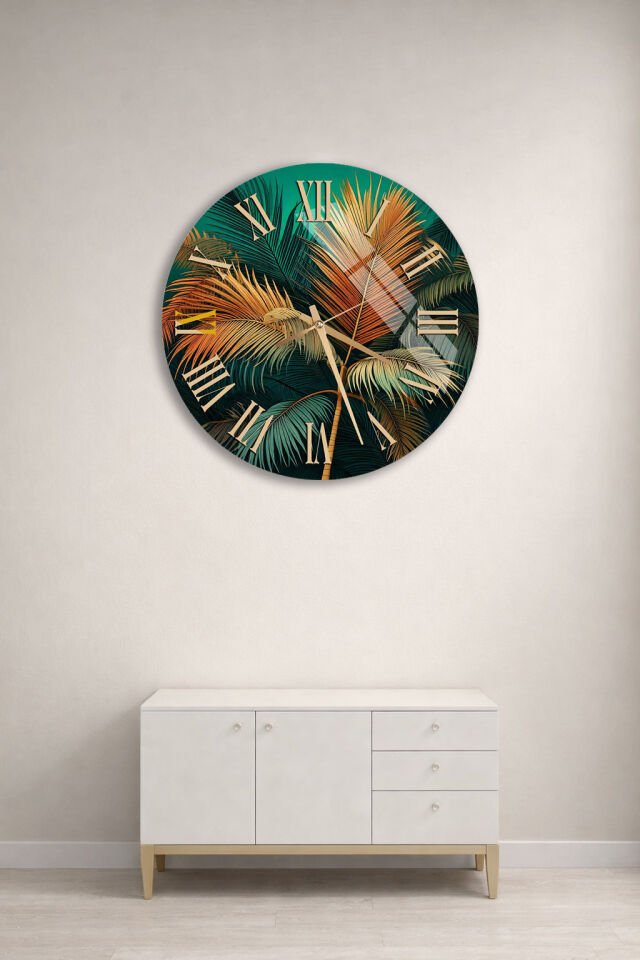 KIRILMAZ CAM DUVAR SAATİ, HEM TABLO HEM SAAT PALMİYE YAPRAĞI TROPİK DESEN EV OFİS HEDİYESİ