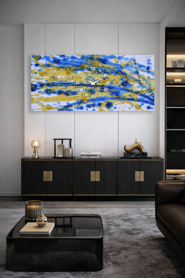 KIRILMAZ CAM DUVAR SAATİ , HEM TABLO HEM SAAT MAVİ ALTIN SOYUT DALGA DESEN EV OFİS HEDİYESİ