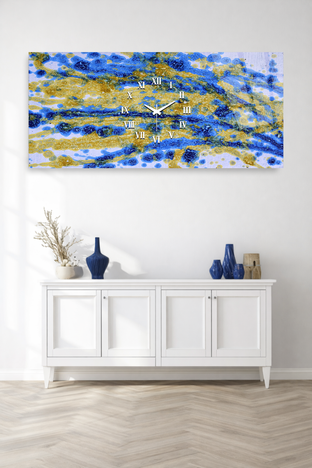 KIRILMAZ CAM DUVAR SAATİ , HEM TABLO HEM SAAT MAVİ ALTIN SOYUT DALGA DESEN EV OFİS HEDİYESİ