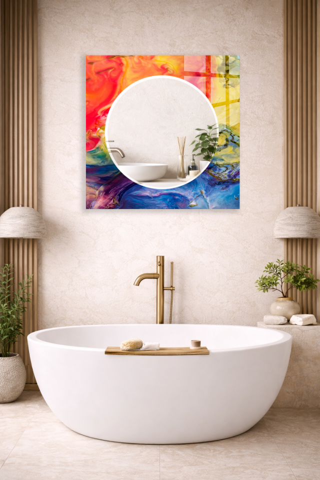 HEM TABLO HEM AYNA RENKLİ AKIŞKAN BOYA SOYUT DESEN CAM DUVAR AYNASI EV DEKORU