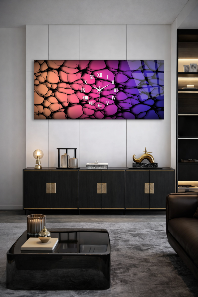 KIRILMAZ CAM DUVAR SAATİ , HEM TABLO HEM SAAT RENKLİ HÜCRE DESEN MODERN EV OFİS HEDİYESİ