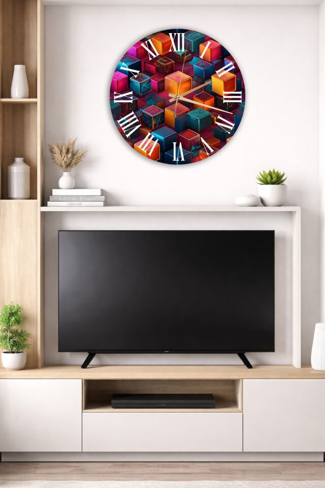 KIRILMAZ CAM DUVAR SAATİ, HEM TABLO HEM SAAT RENKLİ 3D KÜP GEOMETRİK TASARIM EV OFİS HEDİYESİ