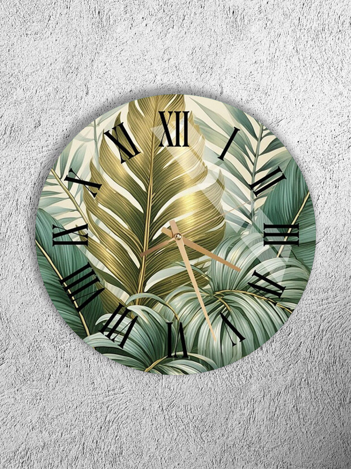 KIRILMAZ CAM DUVAR SAATİ, HEM TABLO HEM SAAT YEŞİL ALTIN BOTANİK YAPRAK DESEN EV OFİS HEDİYESİ
