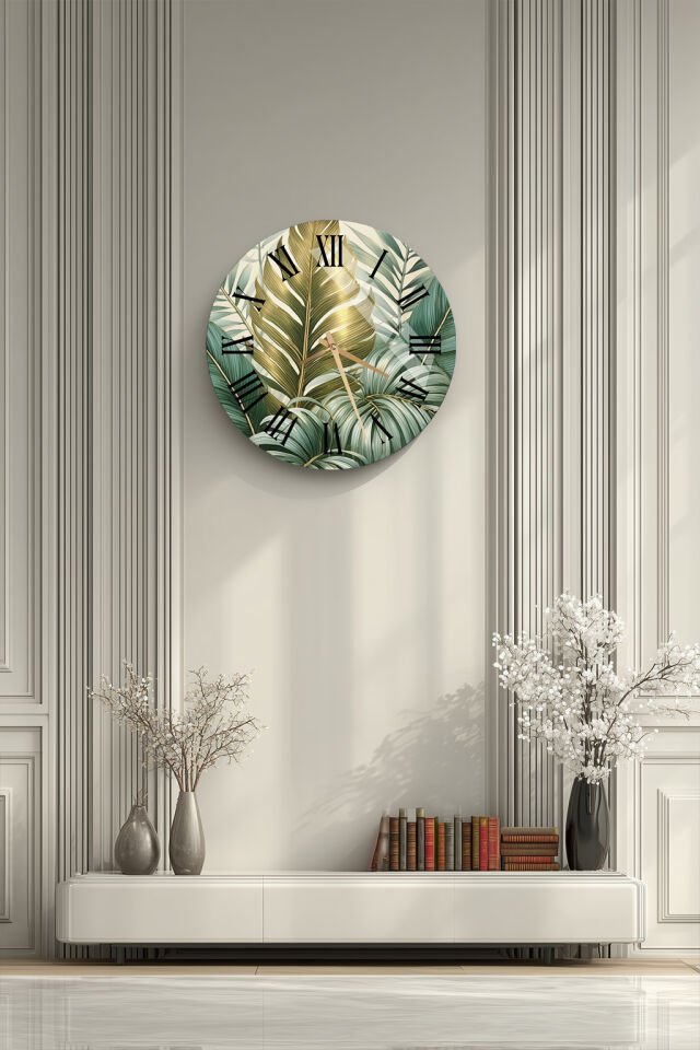 KIRILMAZ CAM DUVAR SAATİ, HEM TABLO HEM SAAT YEŞİL ALTIN BOTANİK YAPRAK DESEN EV OFİS HEDİYESİ