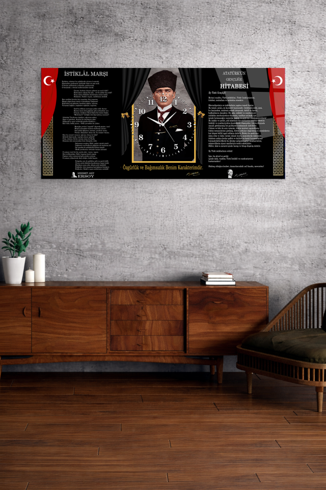 KIRILMAZ CAM DUVAR SAATİ , HEM TABLO HEM SAAT ATATÜRK İMZALI İSTİKLAL MARŞI EV OFİS HEDİYESİ