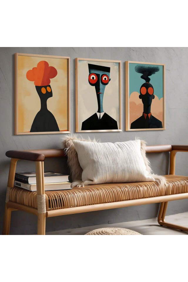 DOĞAL AHŞAP - Abstract Modern Siluet Sanatı Üçlü Doğal Ahşap Çerçeveli Duvar Tablo Seti