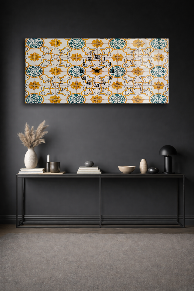 KIRILMAZ CAM DUVAR SAATİ , HEM TABLO HEM SAAT OSMANLI ÇİNİ MOTİF DESEN EV OFİS HEDİYESİ