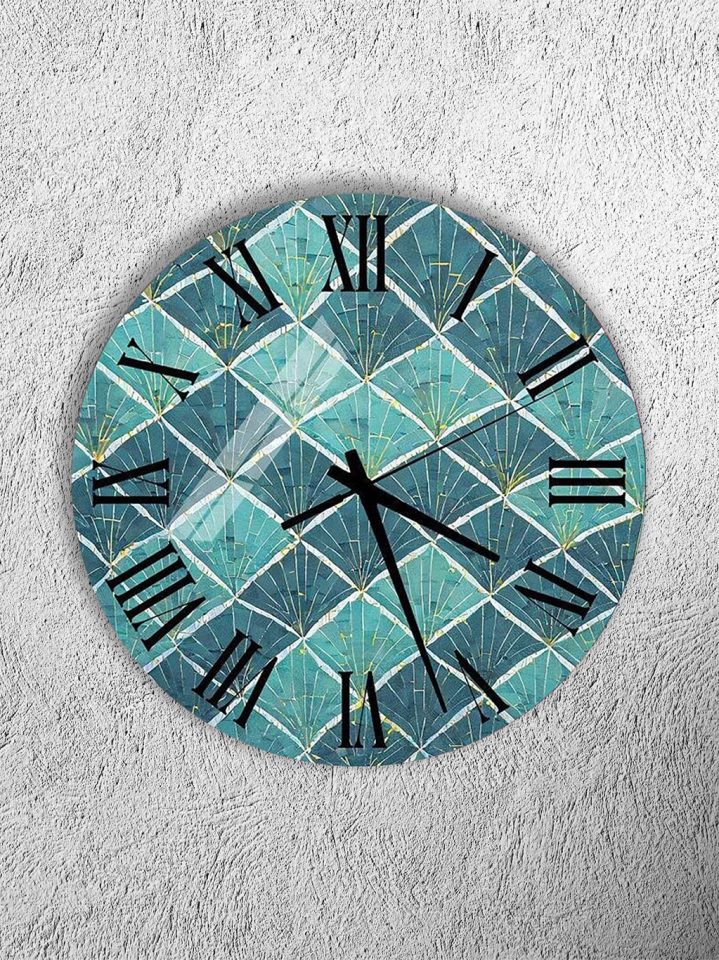 KIRILMAZ CAM DUVAR SAATİ, HEM TABLO HEM SAAT TURKUAZ YAPRAK GEOMETRİK DESEN EV OFİS HEDİYESİ