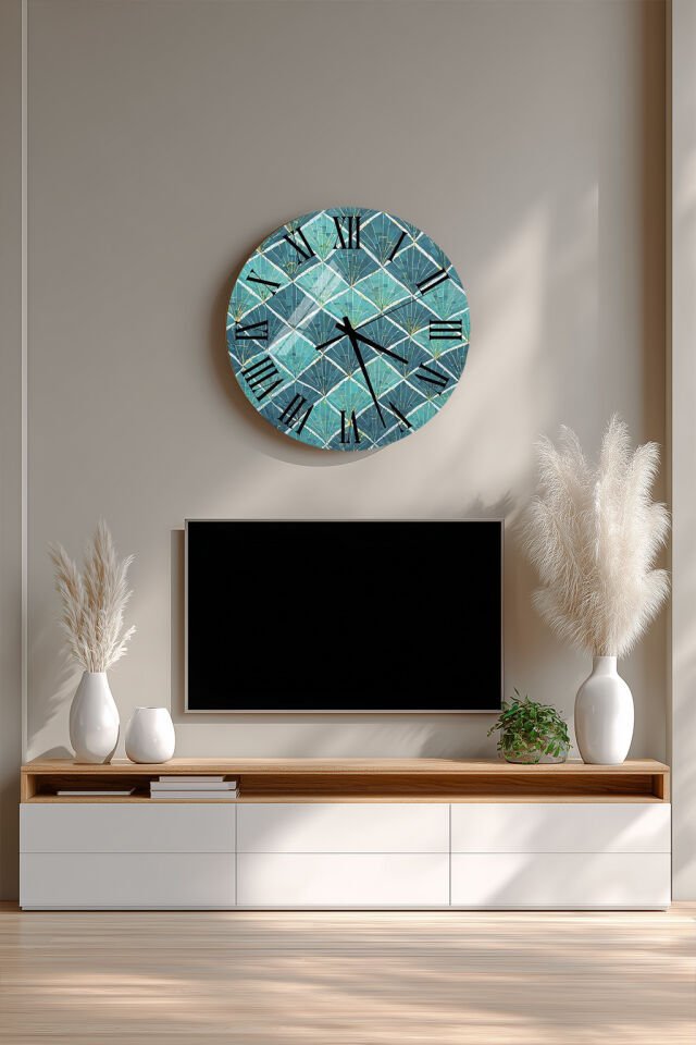 KIRILMAZ CAM DUVAR SAATİ, HEM TABLO HEM SAAT TURKUAZ YAPRAK GEOMETRİK DESEN EV OFİS HEDİYESİ