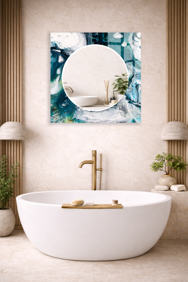 HEM TABLO HEM AYNA MERMER AKIŞKAN SANAT SOYUT DESEN CAM DUVAR AYNASI EV DEKORU