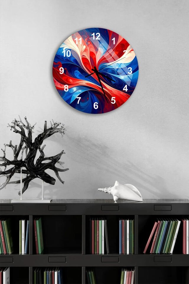KIRILMAZ CAM DUVAR SAATİ, HEM TABLO HEM SAAT KIRMIZI MAVİ SOYUT DALGA DESEN EV OFİS HEDİYESİ