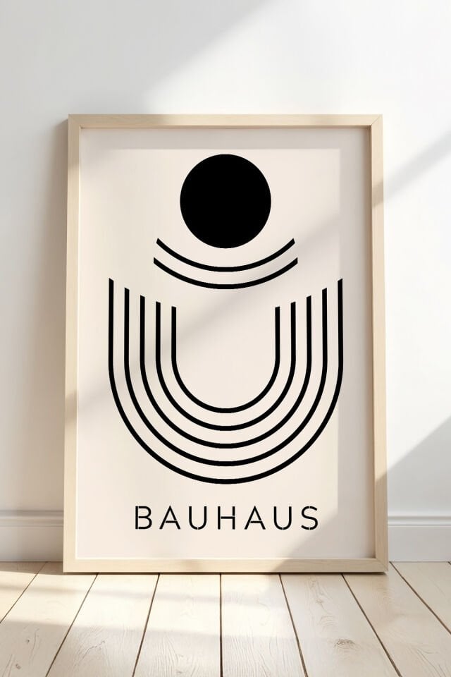 DOĞAL AHŞAP - Siyah Bauhaus Stili Minimalist Retro Vintage Geometrik Sanat Abstract Ahşap Çerçeveli Duvar Tablosu