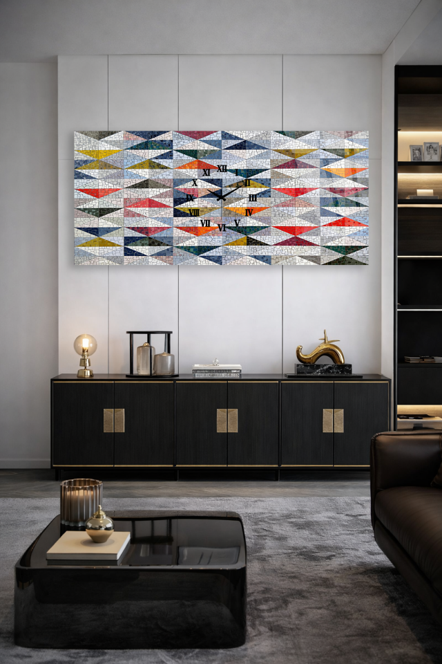 KIRILMAZ CAM DUVAR SAATİ , HEM TABLO HEM SAAT GEOMETRİK MOZAIK RENKLİ TASARIM EV OFİS HEDİYESİ