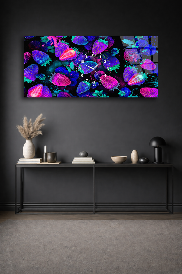 KIRILMAZ CAM DUVAR SAATİ , HEM TABLO HEM SAAT NEON ÇİLEK POP ART EV OFİS HEDİYESİ