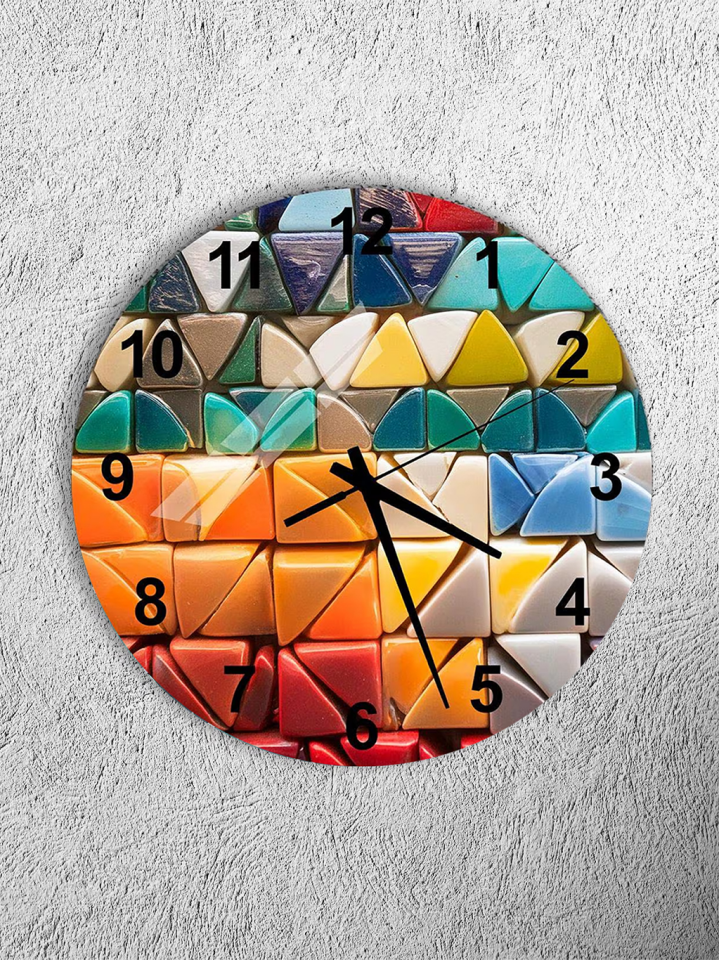 KIRILMAZ CAM DUVAR SAATİ, HEM TABLO HEM SAAT RENKLİ MOZAYİK SERAMİK DESEN EV OFİS HEDİYESİ