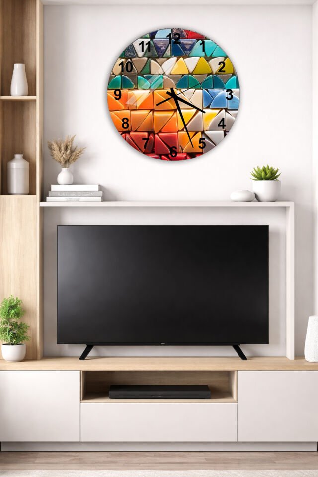 KIRILMAZ CAM DUVAR SAATİ, HEM TABLO HEM SAAT RENKLİ MOZAYİK SERAMİK DESEN EV OFİS HEDİYESİ