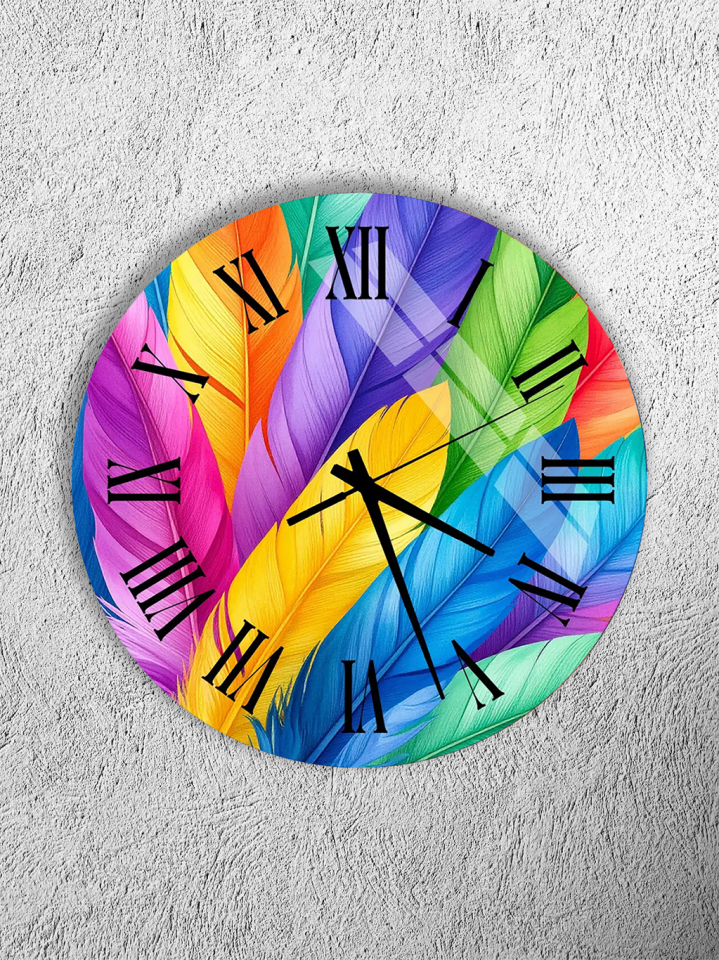 KIRILMAZ CAM DUVAR SAATİ, HEM TABLO HEM SAAT RENKLİ TÜY DESEN CANLI TASARIM EV OFİS HEDİYESİ