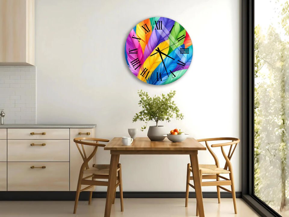 KIRILMAZ CAM DUVAR SAATİ, HEM TABLO HEM SAAT RENKLİ TÜY DESEN CANLI TASARIM EV OFİS HEDİYESİ
