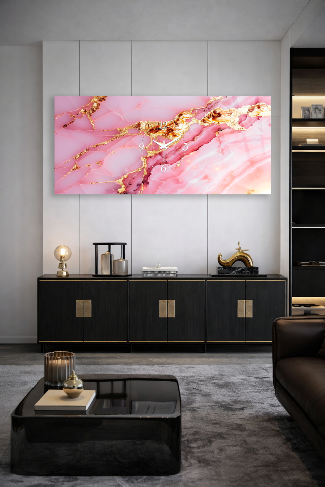KIRILMAZ CAM DUVAR SAATİ , HEM TABLO HEM SAAT PEMBE MERMER GOLD MODERN TASARIM EV OFİS HEDİYESİ