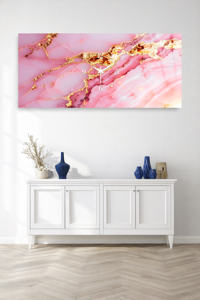 KIRILMAZ CAM DUVAR SAATİ , HEM TABLO HEM SAAT PEMBE MERMER GOLD MODERN TASARIM EV OFİS HEDİYESİ