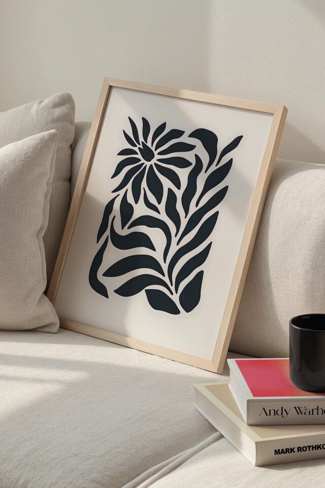 DOĞAL AHŞAP - Botanik Serisi Siyah Çiçekli Minimalist Matisse Doğal Ahşap Çerçeveli Duvar Tablosu