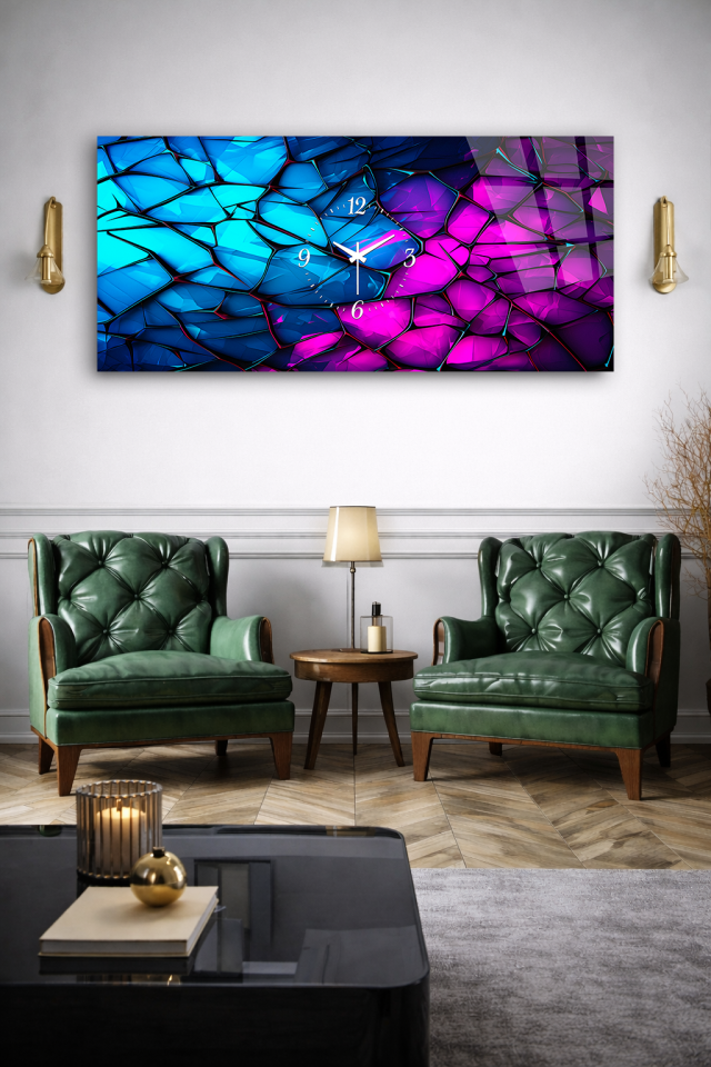 KIRILMAZ CAM DUVAR SAATİ , HEM TABLO HEM SAAT MAVİ MOR CAM MOZAİK TASARIM EV OFİS HEDİYESİ