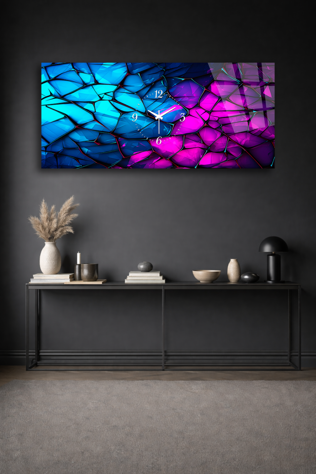 KIRILMAZ CAM DUVAR SAATİ , HEM TABLO HEM SAAT MAVİ MOR CAM MOZAİK TASARIM EV OFİS HEDİYESİ