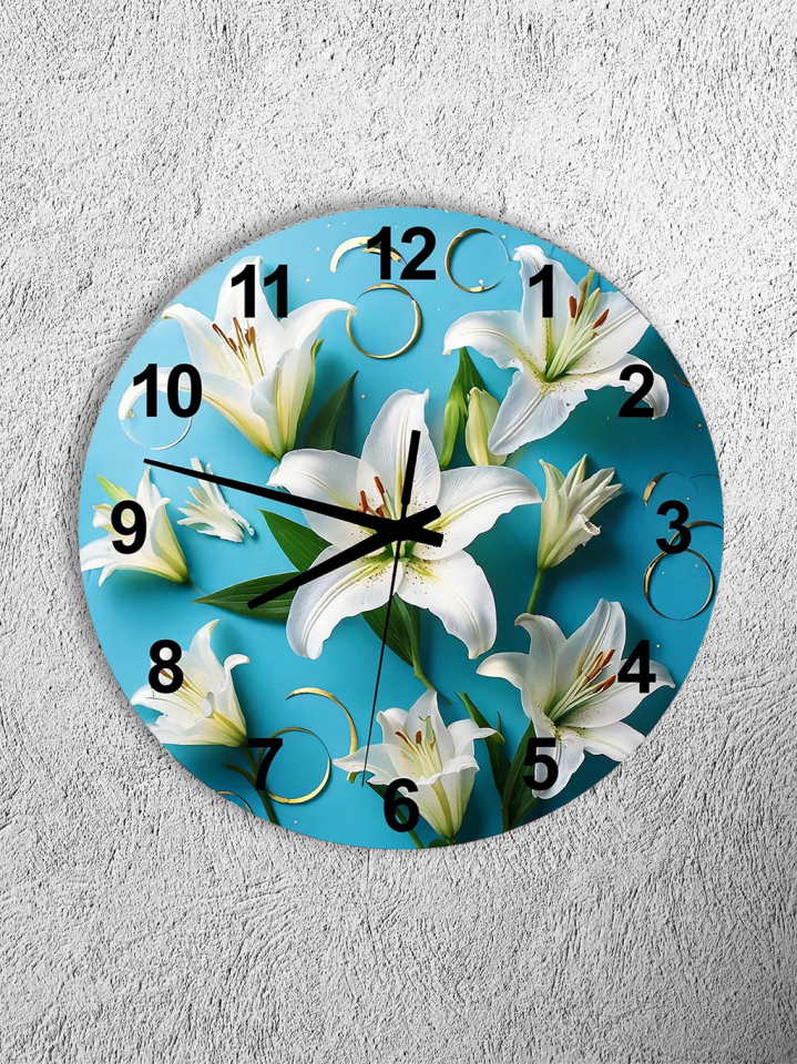 KIRILMAZ CAM DUVAR SAATİ, HEM TABLO HEM SAAT MAVİ ZEMİN BEYAZ ZAMBAK ÇİÇEK TASARIM EV OFİS HEDİYESİ
