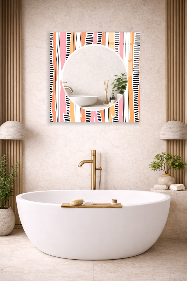 HEM TABLO HEM AYNA PASTEL RENKLİ FIRÇA DESEN CAM DUVAR AYNASI EV DEKORU