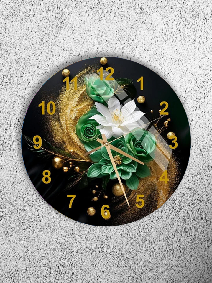 KIRILMAZ CAM DUVAR SAATİ, HEM TABLO HEM SAAT SİYAH ZEMİN YEŞİL ÇİÇEK ALTIN DETAY EV OFİS HEDİYESİ
