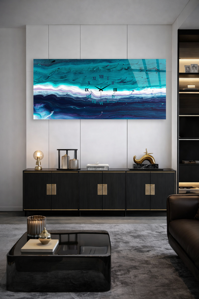KIRILMAZ CAM DUVAR SAATİ , HEM TABLO HEM SAAT TURKUAZ DALGA DESENLİ MODERN SANAT EV OFİS HEDİYESİ