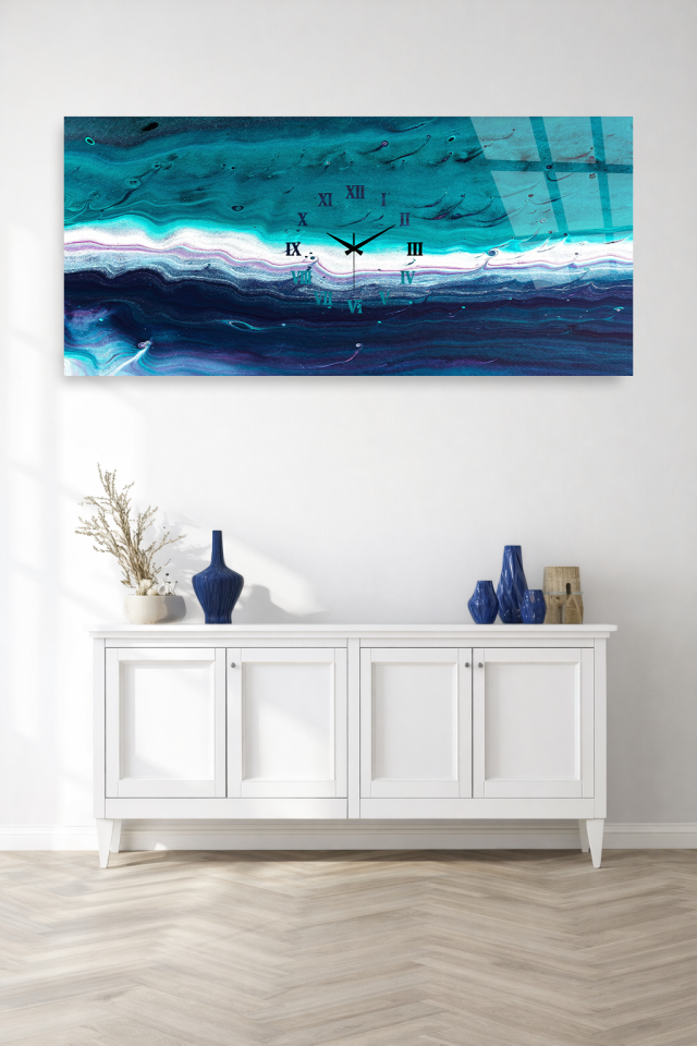 KIRILMAZ CAM DUVAR SAATİ , HEM TABLO HEM SAAT TURKUAZ DALGA DESENLİ MODERN SANAT EV OFİS HEDİYESİ