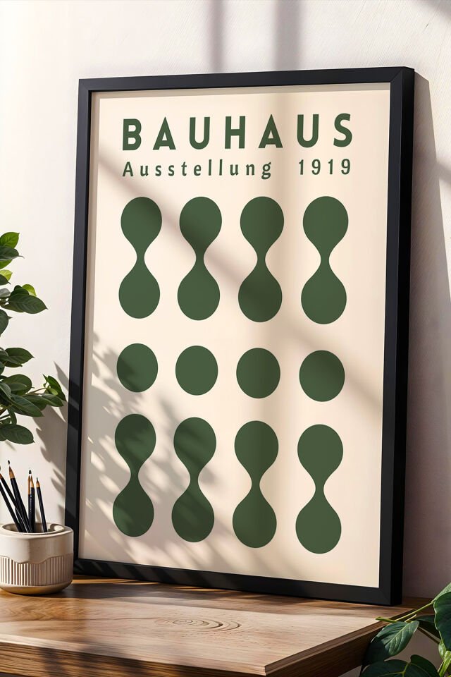 SİYAH - Yeşil Bauhaus Stili Minimalist Terakota Vintage Geometrik Sanat Ahşap Çerçeveli Duvar Tablosu