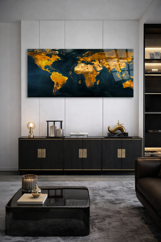 KIRILMAZ CAM DUVAR SAATİ , HEM TABLO HEM SAAT ALTIN DÜNYA HARİTASI MODERN TASARIM EV OFİS HEDİYESİ