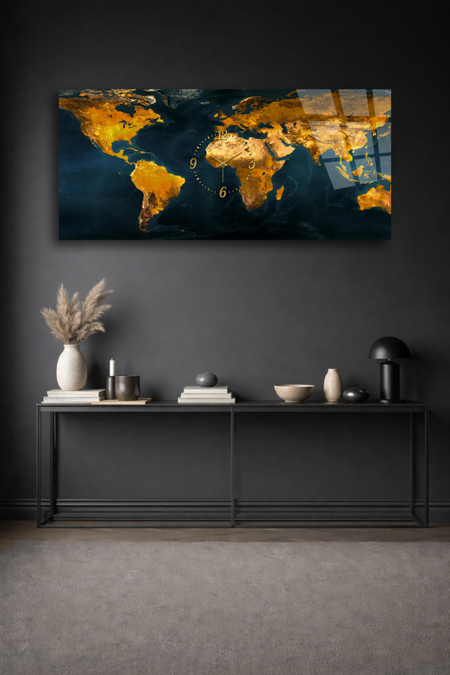KIRILMAZ CAM DUVAR SAATİ , HEM TABLO HEM SAAT ALTIN DÜNYA HARİTASI MODERN TASARIM EV OFİS HEDİYESİ