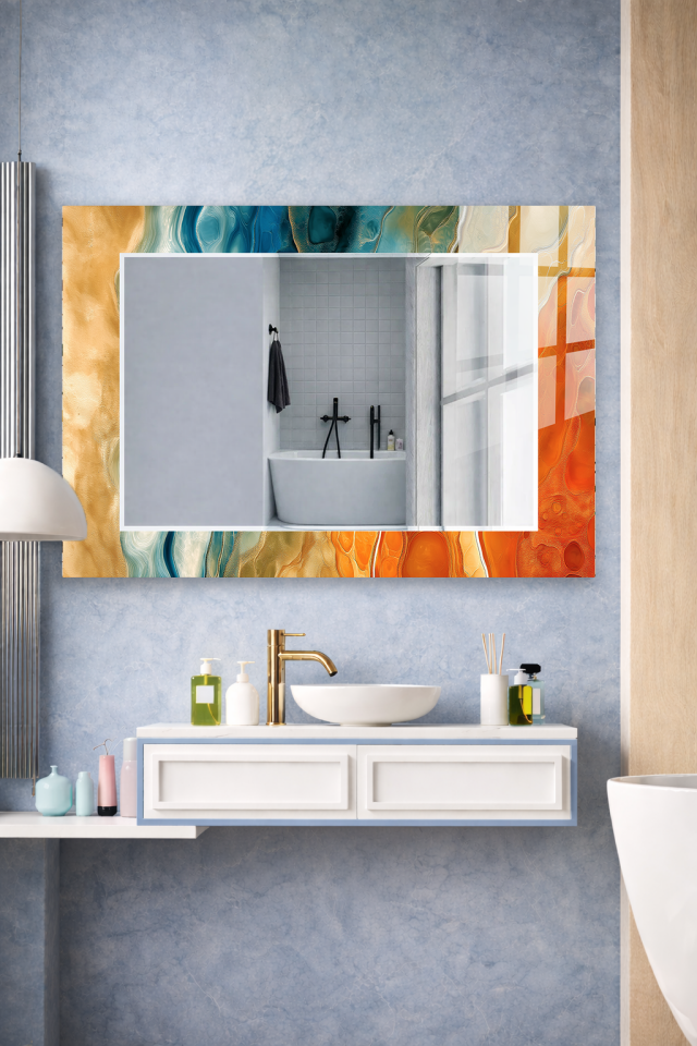 HEM TABLO HEM AYNA TURKUAZ MERMER EFEKT MODERN CAM DUVAR AYNASI EV DEKORU