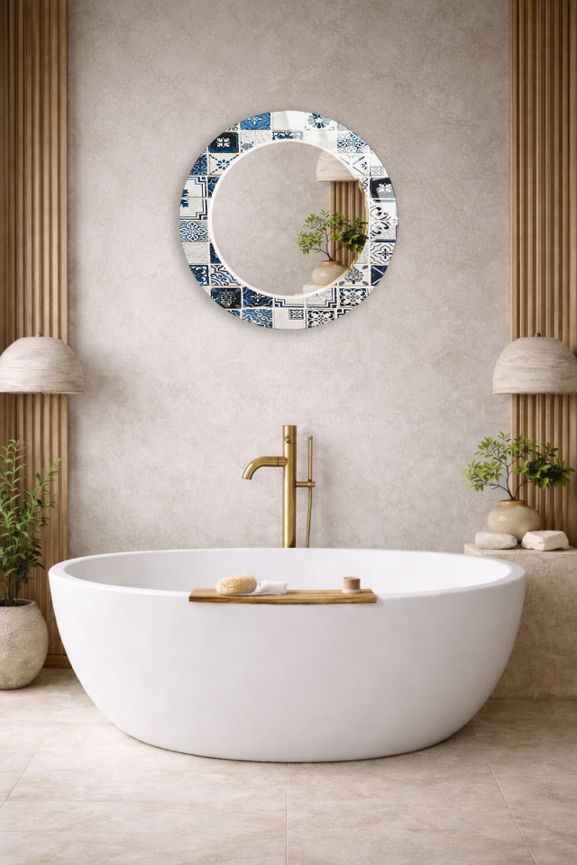 HEM TABLO HEM AYNA ÇİNİ DESENLİ DEKORATİF CAM DUVAR AYNASI BANYO VE EV DEKORU