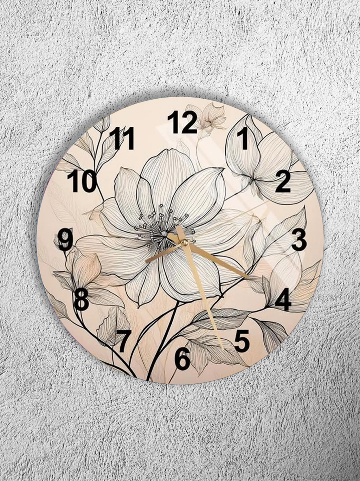 KIRILMAZ CAM DUVAR SAATİ, HEM TABLO HEM SAAT BEJ ZEMİN ÇİZGİSEL ÇİÇEK DESEN EV OFİS HEDİYESİ