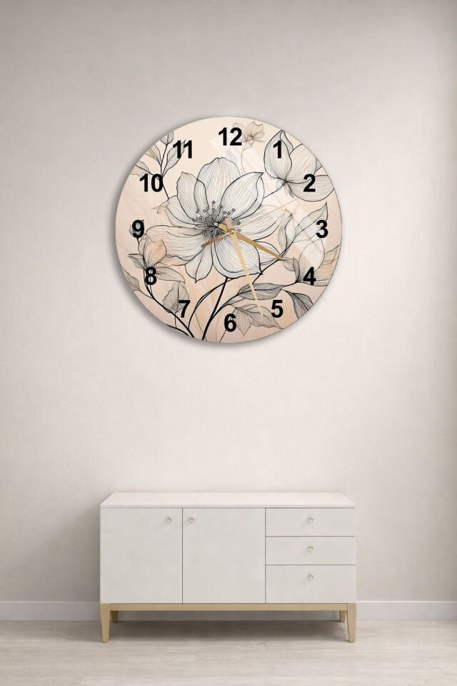 KIRILMAZ CAM DUVAR SAATİ, HEM TABLO HEM SAAT BEJ ZEMİN ÇİZGİSEL ÇİÇEK DESEN EV OFİS HEDİYESİ