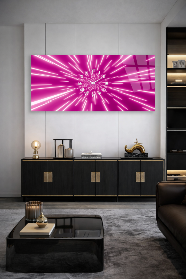 KIRILMAZ CAM DUVAR SAATİ , HEM TABLO HEM SAAT MOR IŞIN EFEKTLİ MODERN TASARIM EV OFİS HEDİYESİ