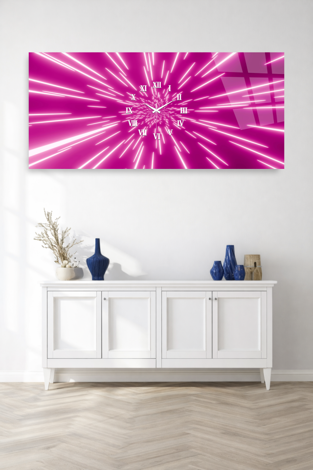 KIRILMAZ CAM DUVAR SAATİ , HEM TABLO HEM SAAT MOR IŞIN EFEKTLİ MODERN TASARIM EV OFİS HEDİYESİ